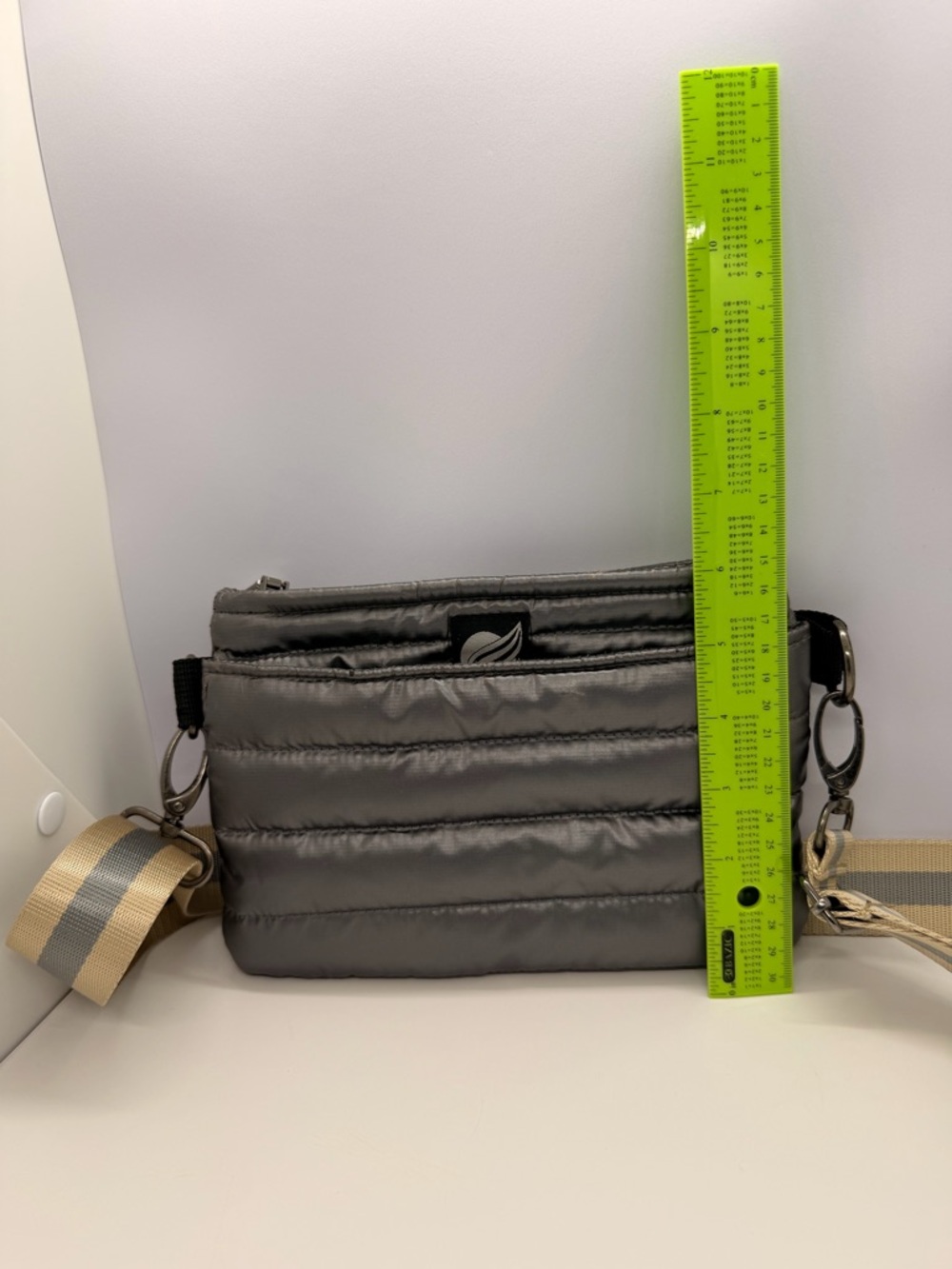 THINK ROYLN Quilted Crossbody Bag in Black with Beige-Gray Stripe Strap - Picture 5 of 13